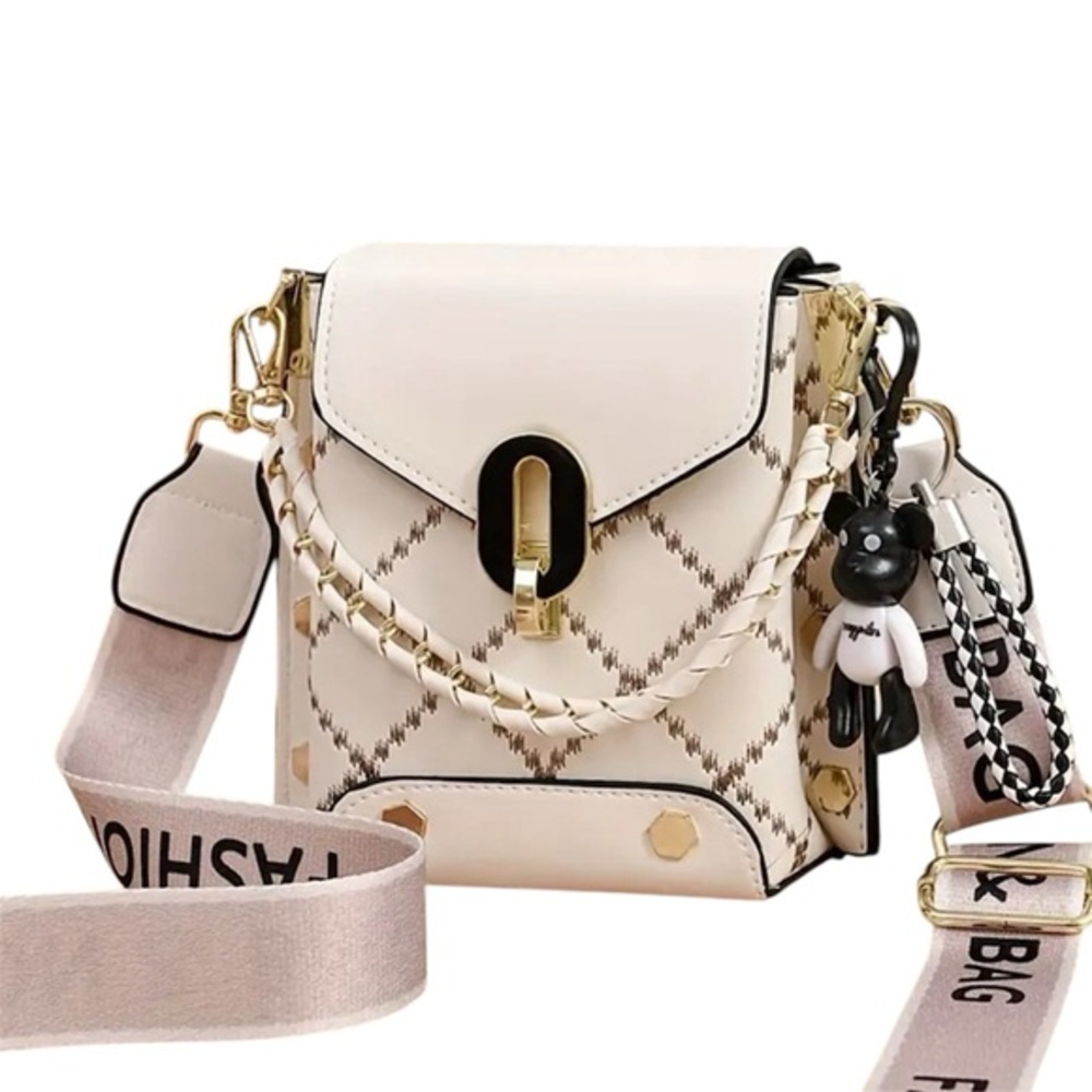 White Checkered Cross Body Hand Bag For Women With Accessory